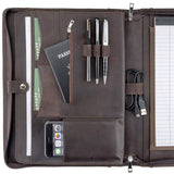 Business Leather Portfolio Padfolio Folder with Notepad Holder, Zipper Organizer Padfolio Case for Meeting and Travel, Brown