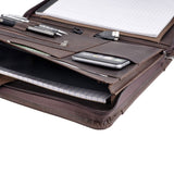 Business Leather Portfolio Padfolio Folder with Notepad Holder, Zipper Organizer Padfolio Case for Meeting and Travel, Brown