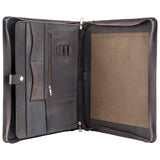 Business Leather Portfolio Padfolio Folder with Notepad Holder, Zipper Organizer Padfolio Case for Meeting and Travel, Brown