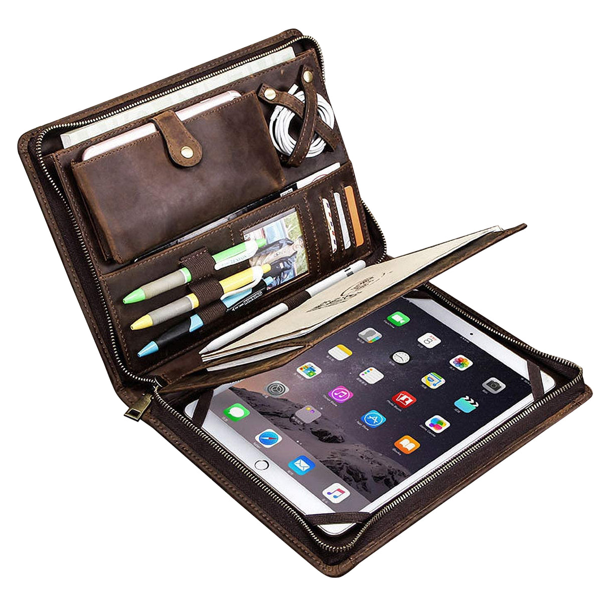 Vintage Crazy-Horse Leather Portfolio for Galaxy Tab, Zipper Organizer