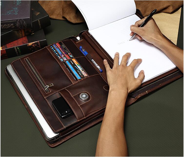 Zippered Portfolio Crazy Horse Leather Portfolio with 3-Ring Binder for A4 Documents and Surface Pro 4 / New Surface Pro