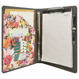 Flower Painting PU Leather Padfolio Ring Binder with Color File Folders, Organizer Portfolio File Folder with 4-Ring Binder and Clipboard