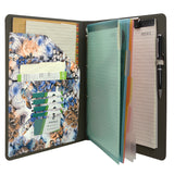 Flower Painting PU Leather Padfolio Ring Binder with Color File Folders, Organizer Portfolio File Folder with 4-Ring Binder and Clipboard