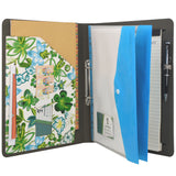 2 Ring Binder Padfolio File Folder with Expanded Document Bag, Flower Painting PU Leather Padfolio Ring Binder with Clipboard