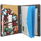 2 Ring Binder Padfolio File Folder with Expanded Document Bag, Flower Painting PU Leather Padfolio Ring Binder with Clipboard