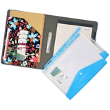 2 Ring Binder Padfolio File Folder with Expanded Document Bag, Flower Painting PU Leather Padfolio Ring Binder with Clipboard