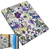 2 Ring Binder Padfolio File Folder with Expanded Document Bag, Flower Painting PU Leather Padfolio Ring Binder with Clipboard