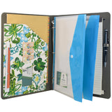 3 Ring Binder Padfolio File Folder with Expanded Document Bag, Flower Painting PU Leather Padfolio Ring Binder with Clipboard