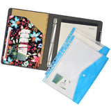 3 Ring Binder Padfolio File Folder with Expanded Document Bag, Flower Painting PU Leather Padfolio Ring Binder with Clipboard