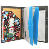 4 Ring Binder Padfolio File Folder with Expanded Document Bag, Flower Painting PU Leather Padfolio Ring Binder with Clipboard