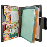 Padfolio Ring Binder with Color File Folders, Flower Painting PU Leather Organizer Portfolio with 2-Ring Binder and Clipboard
