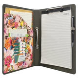 Flower Painting PU Leather Padfolio Ring Binder with Color File Folders, Organizer Portfolio File Folder with 2-Ring Binder and Clipboard