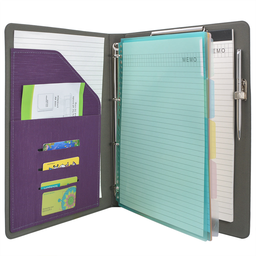 Binder Padfolio Organizer with Color File Folders, Business and Interview Portfolio with 3-Ring Binder (Purple)