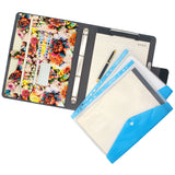 4-Ring Binder Clipboard Portfolio Organizer Folder Case, Flower Painting PU Leather Padfolio Ring Binder with Expanded Document Bag and Clipboard