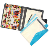 3-Ring Binder Clipboard Portfolio Organizer Folder Case, Flower Painting PU Leather Padfolio Ring Binder with Expanded Document Bag and Clipboard