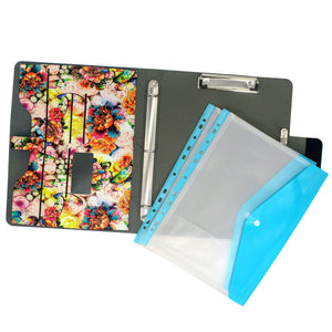 3-Ring Binder Clipboard Portfolio Organizer Folder Case, Flower Painting PU Leather Padfolio Ring Binder with Expanded Document Bag and Clipboard