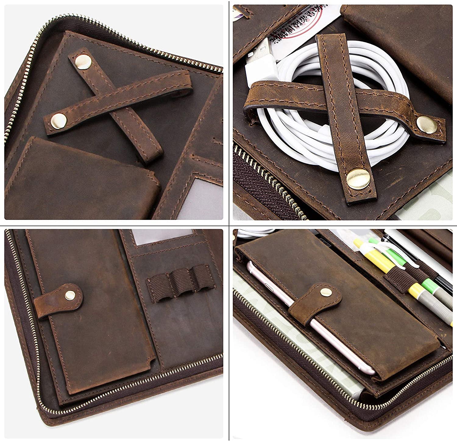 Vintage Crazy-Horse Leather Portfolio for Galaxy Tab, Zipper Organizer