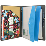 3 Ring Binder Padfolio File Folder with Expanded Document Bag, Flower Painting PU Leather Padfolio Ring Binder with Clipboard