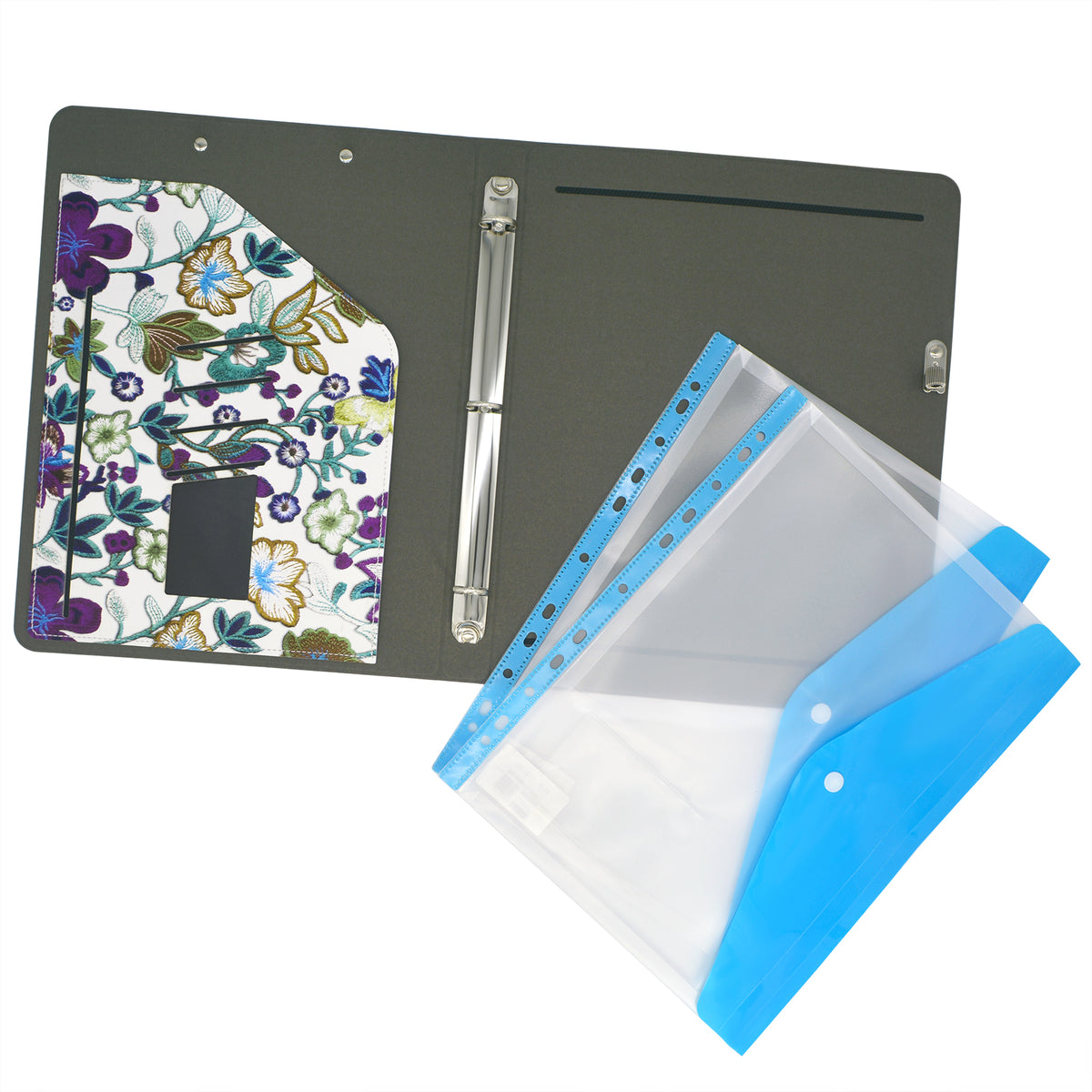 3 Ring Binder Padfolio File Folder with Expanded Document Bag, Flower ...