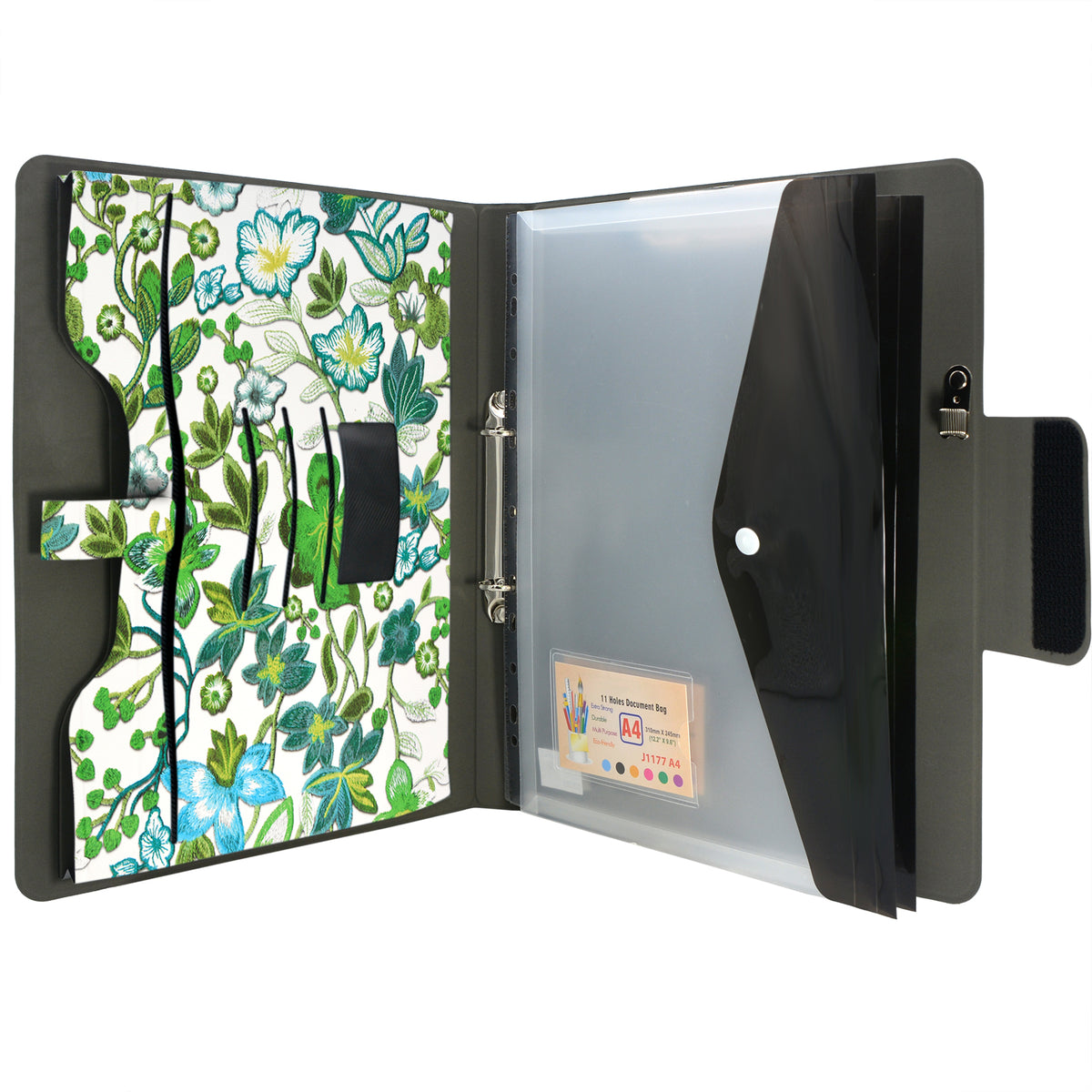 Padfolio Ring Binder with Expanded Document Bag, Flower Texture PU Lea ...