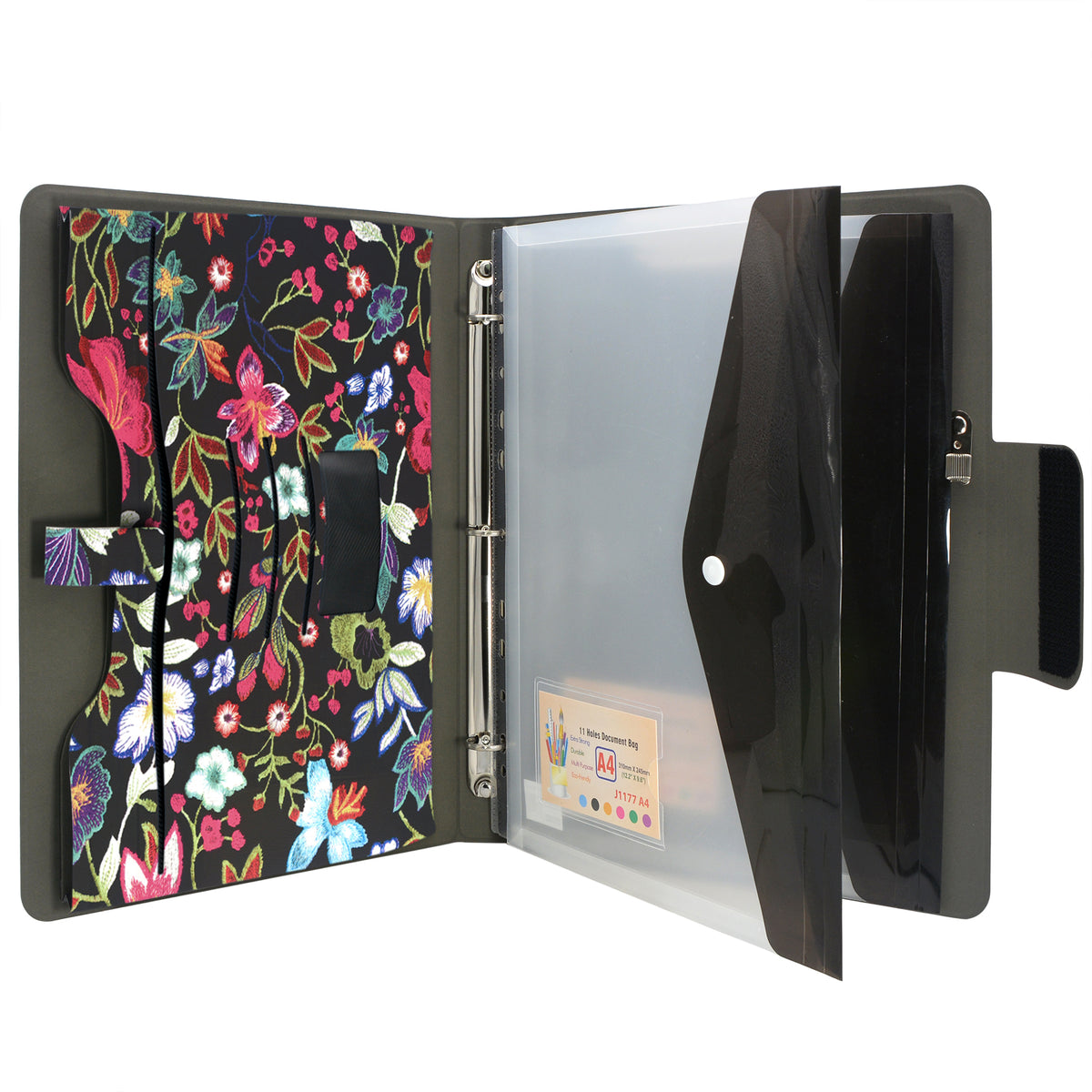 Padfolio Ring Binder with Expanded Document Bag, Flower Texture PU Lea ...