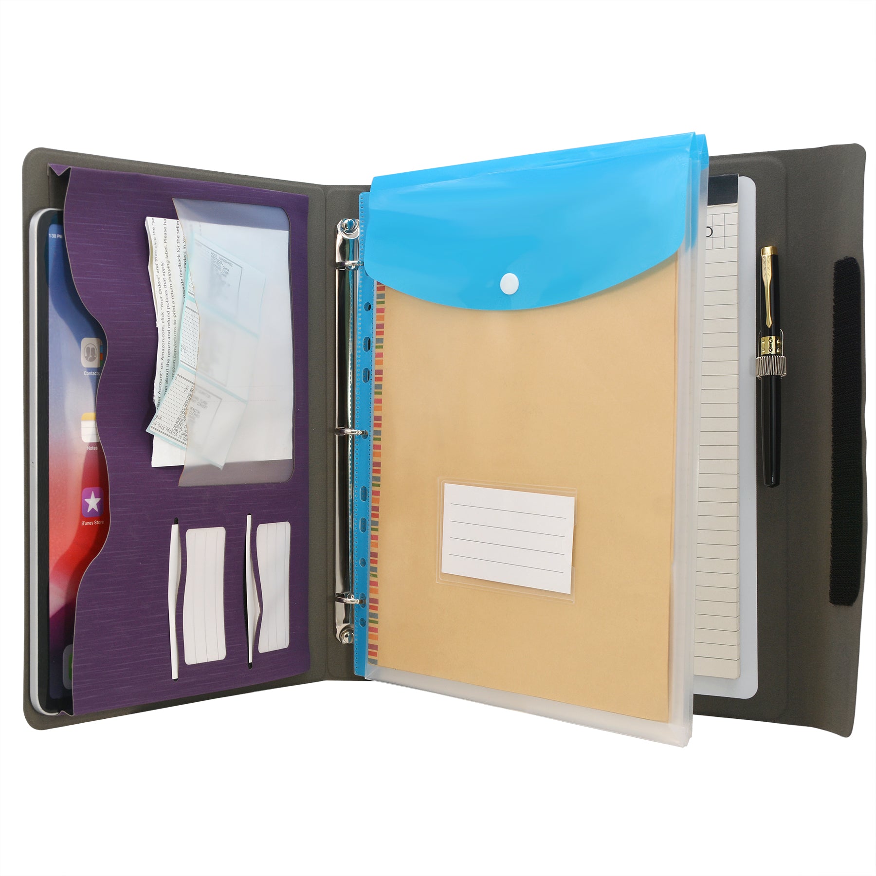 3-Ring Binder Padfolio with Whiteboard Clipboard and Expanded Document Bag,  Padfolio Ring Binder Business Organizer Portfolio Case (Purple) 