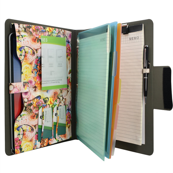 Padfolio Ring Binder with Color File Folders, Flower Painting PU Leather Organizer Portfolio with 3-Ring Binder and Clipboard