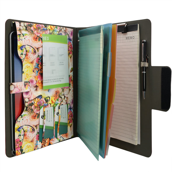 Padfolio Ring Binder with Color File Folders, Flower Painting PU Leather Organizer Portfolio with 4-Ring Binder and Clipboard
