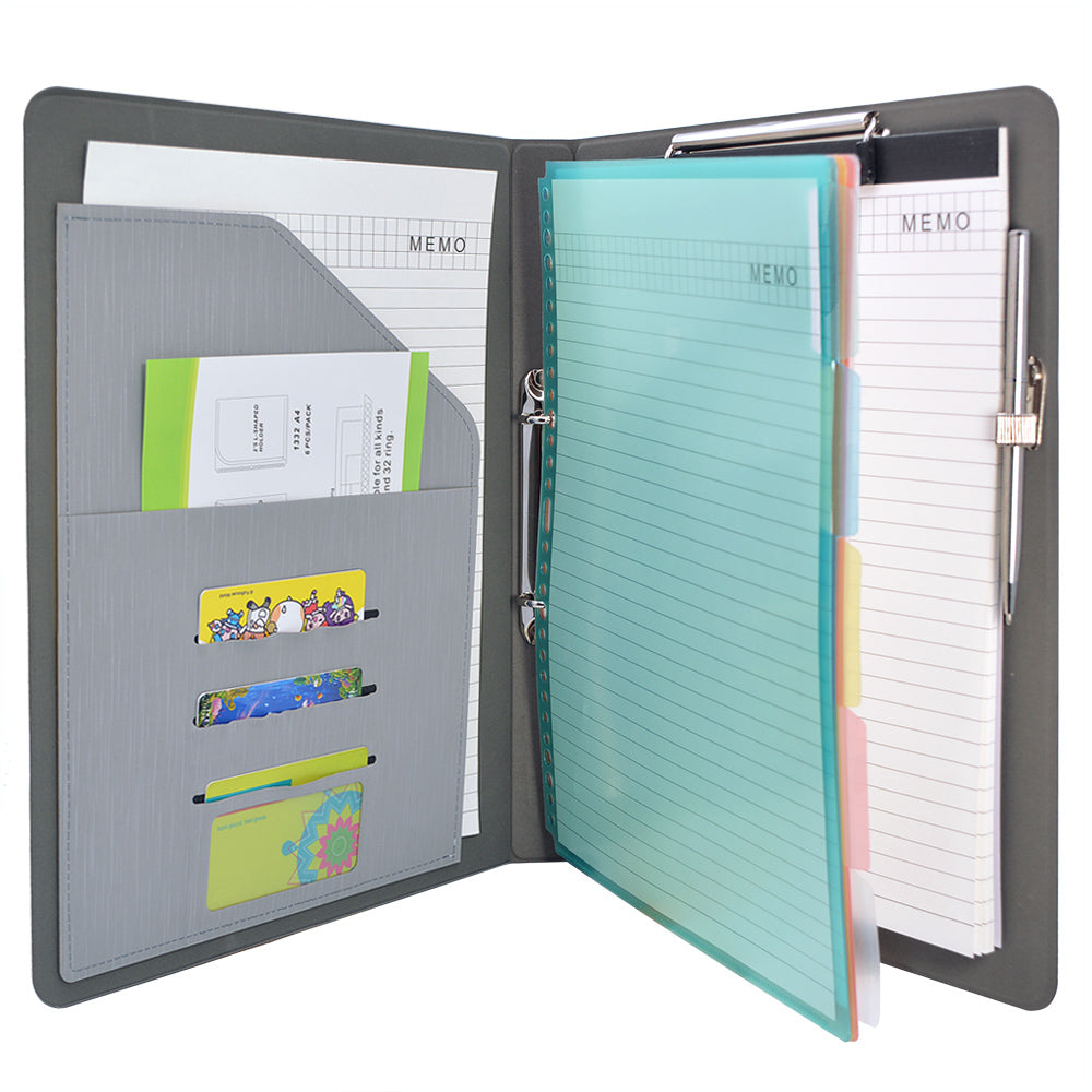 Binder Padfolio Organizer with Color File Folders, Business and Interview Portfolio with 2-Ring Binder, Clipboard Purple